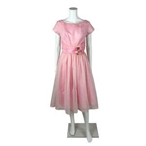 Vintage 50s Prom Dress Women's XS Pink Dotted Swiss Full Skirt Formal Fit Flare